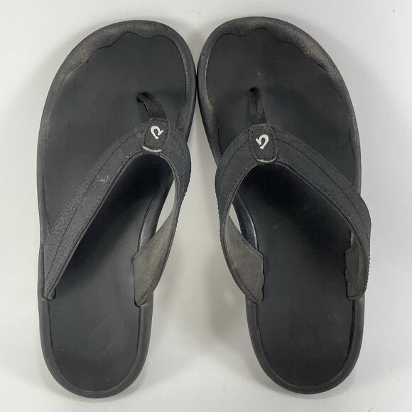 Olukai Ohana Leather Flip Flops Womens Size 9 Black Hawaiian Beach Sandals - Picture 6 of 9